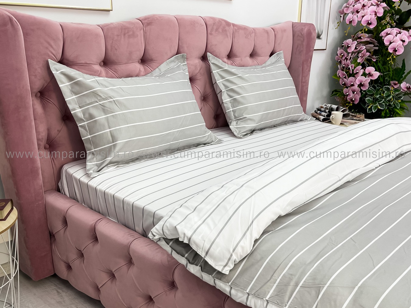Lenjerie pat dublu cu Elastic, bumbac satinat, Gri, dungi - imagine 5