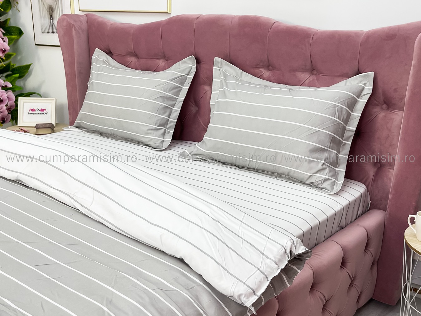 Lenjerie pat dublu cu Elastic, bumbac satinat, Gri, dungi - imagine 6