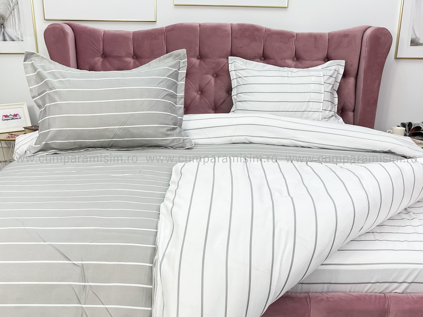 Lenjerie pat dublu cu Elastic, bumbac satinat, Gri, dungi - imagine 7