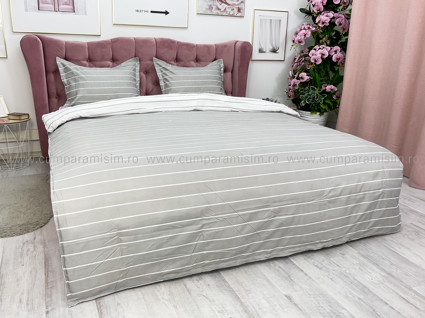 Lenjerie pat dublu cu Elastic, bumbac satinat, Gri, dungi - imagine 8