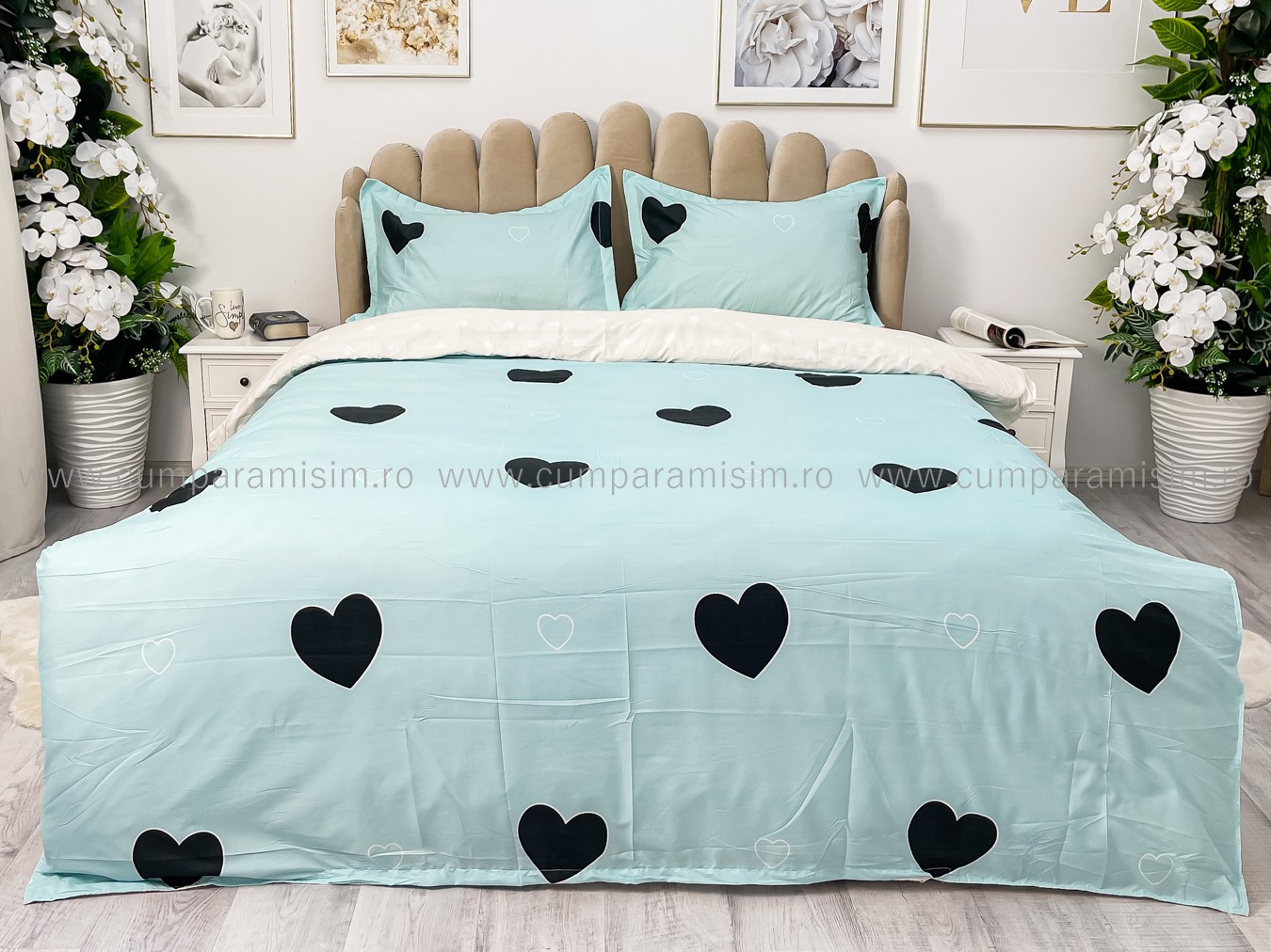 Lenjerie pat dublu cu Elastic, bumbac satinat, Bleu, inimioare - imagine 2
