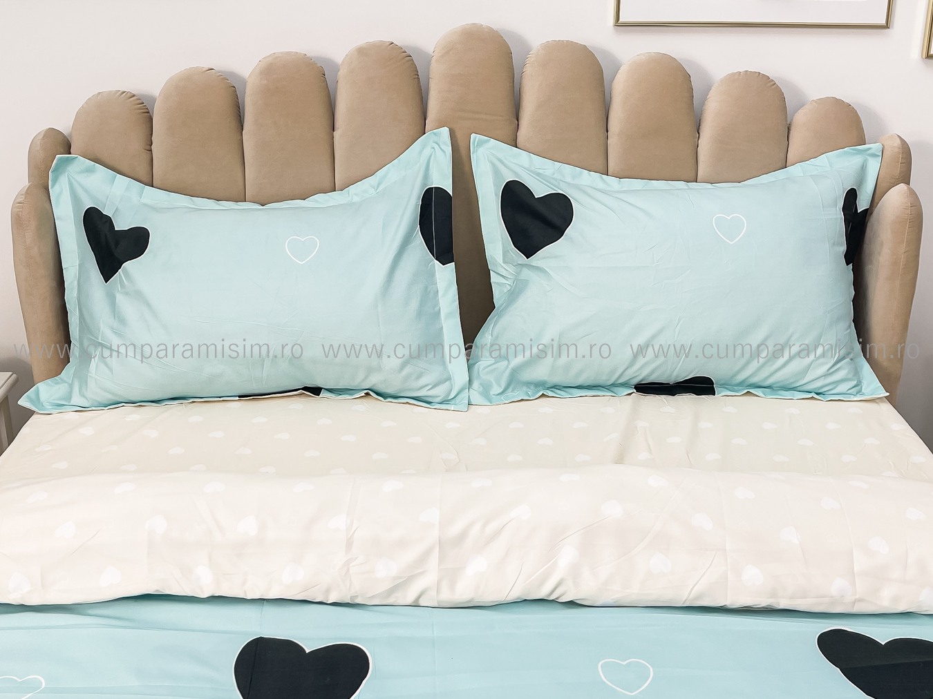 Lenjerie pat dublu cu Elastic, bumbac satinat, Bleu, inimioare - imagine 4