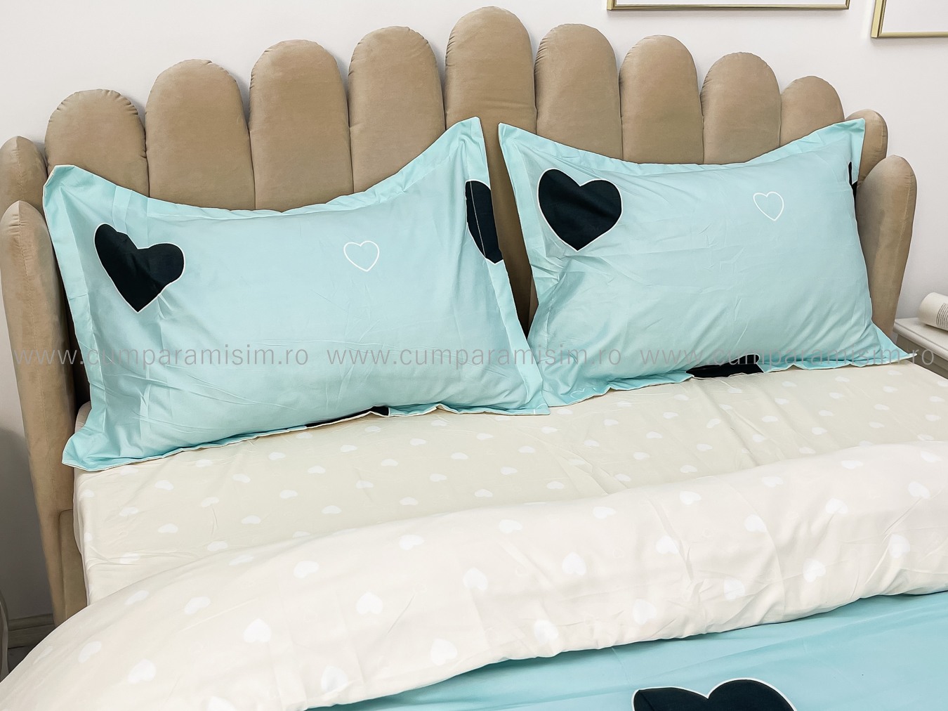 Lenjerie pat dublu cu Elastic, bumbac satinat, Bleu, inimioare - imagine 5