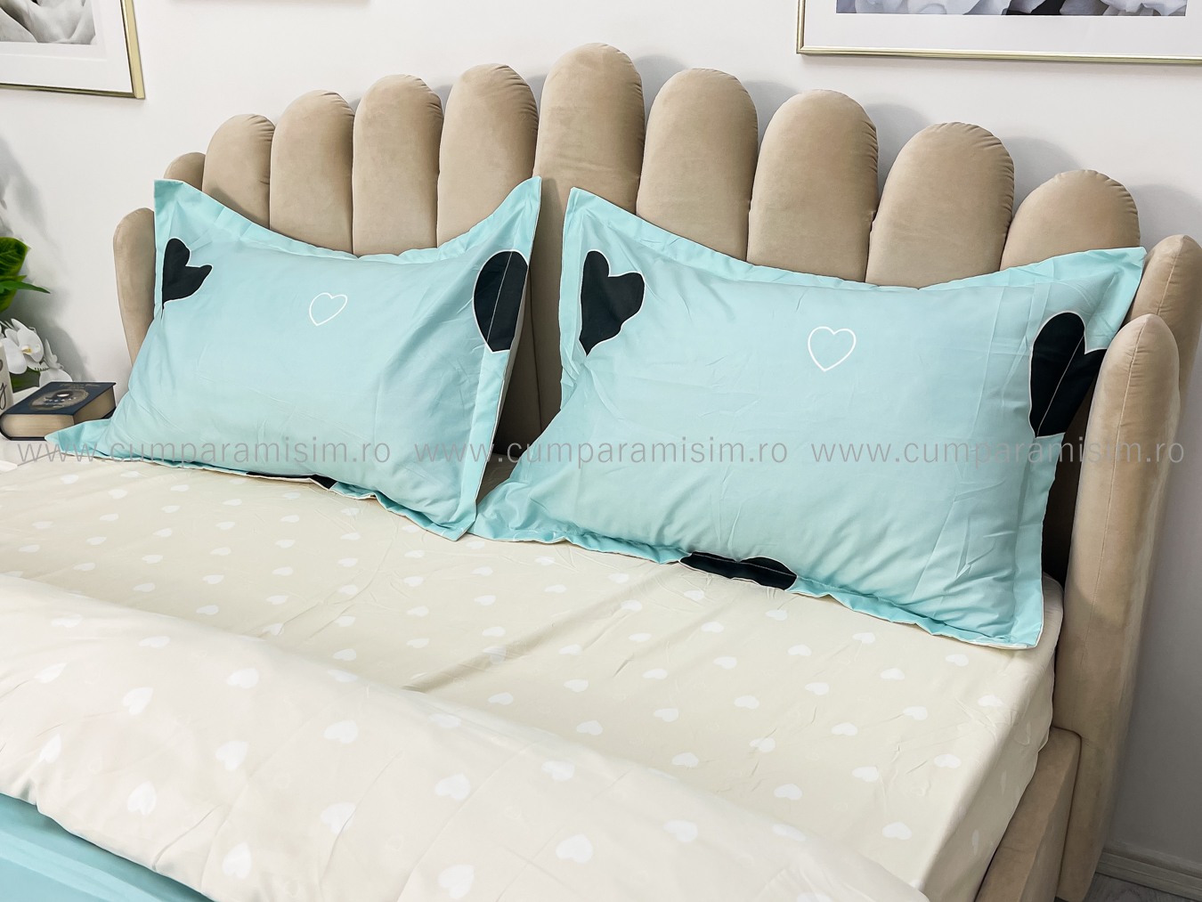 Lenjerie pat dublu cu Elastic, bumbac satinat, Bleu, inimioare - imagine 6