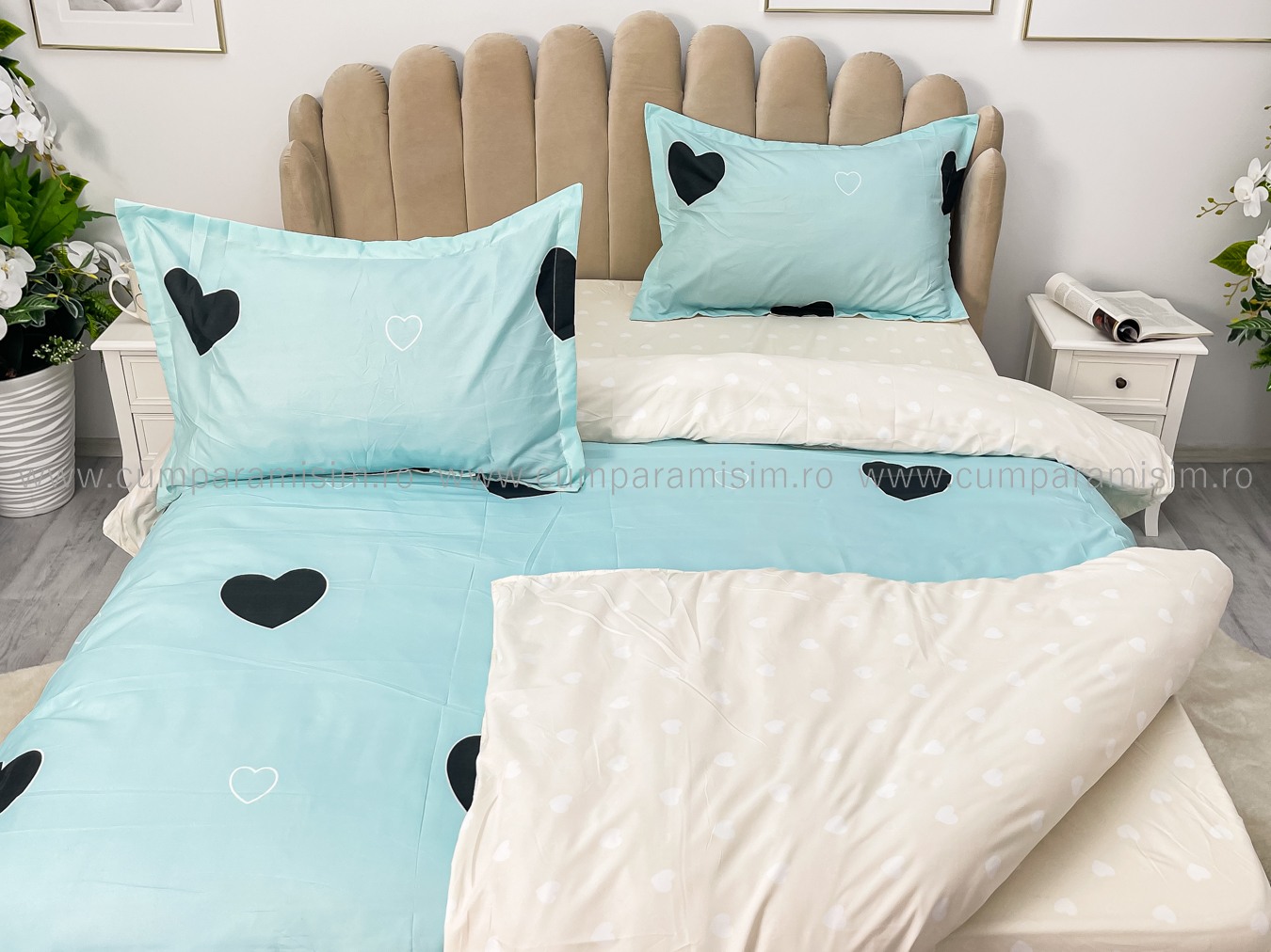 Lenjerie pat dublu cu Elastic, bumbac satinat, Bleu, inimioare - imagine 7