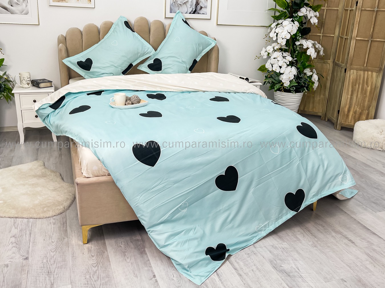 Lenjerie pat dublu cu Elastic, bumbac satinat, Bleu, inimioare - imagine 8