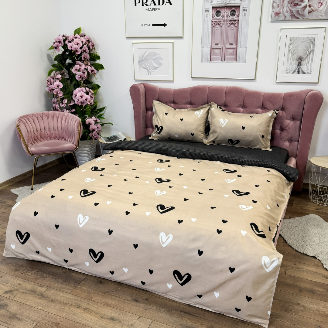 Lenjerie pat dublu cu Elastic, bumbac satinat, Bej, inimioare - imagine 3