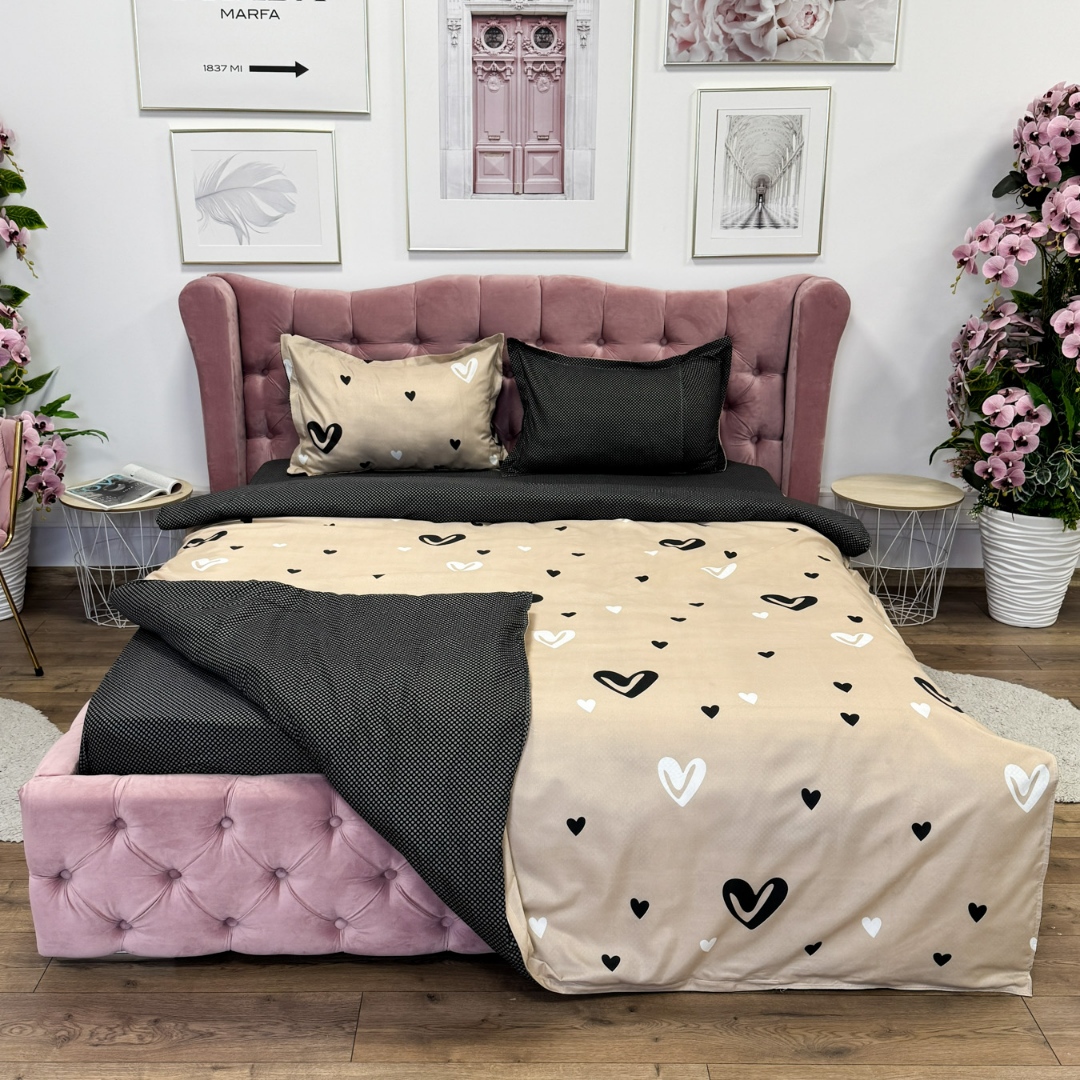 Lenjerie pat dublu cu Elastic, bumbac satinat, Bej, inimioare - imagine 4
