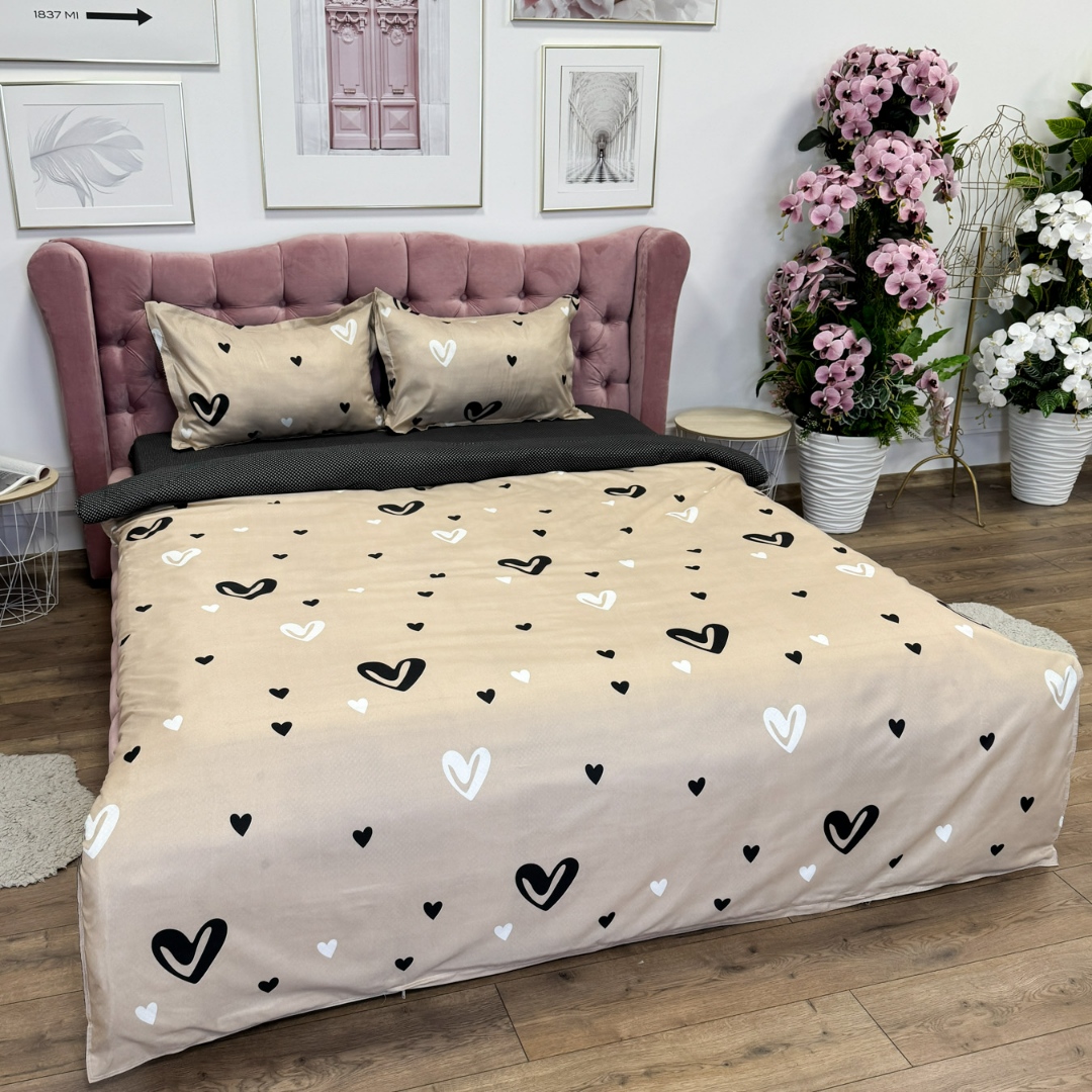 Lenjerie pat dublu cu Elastic, bumbac satinat, Bej, inimioare - imagine 10