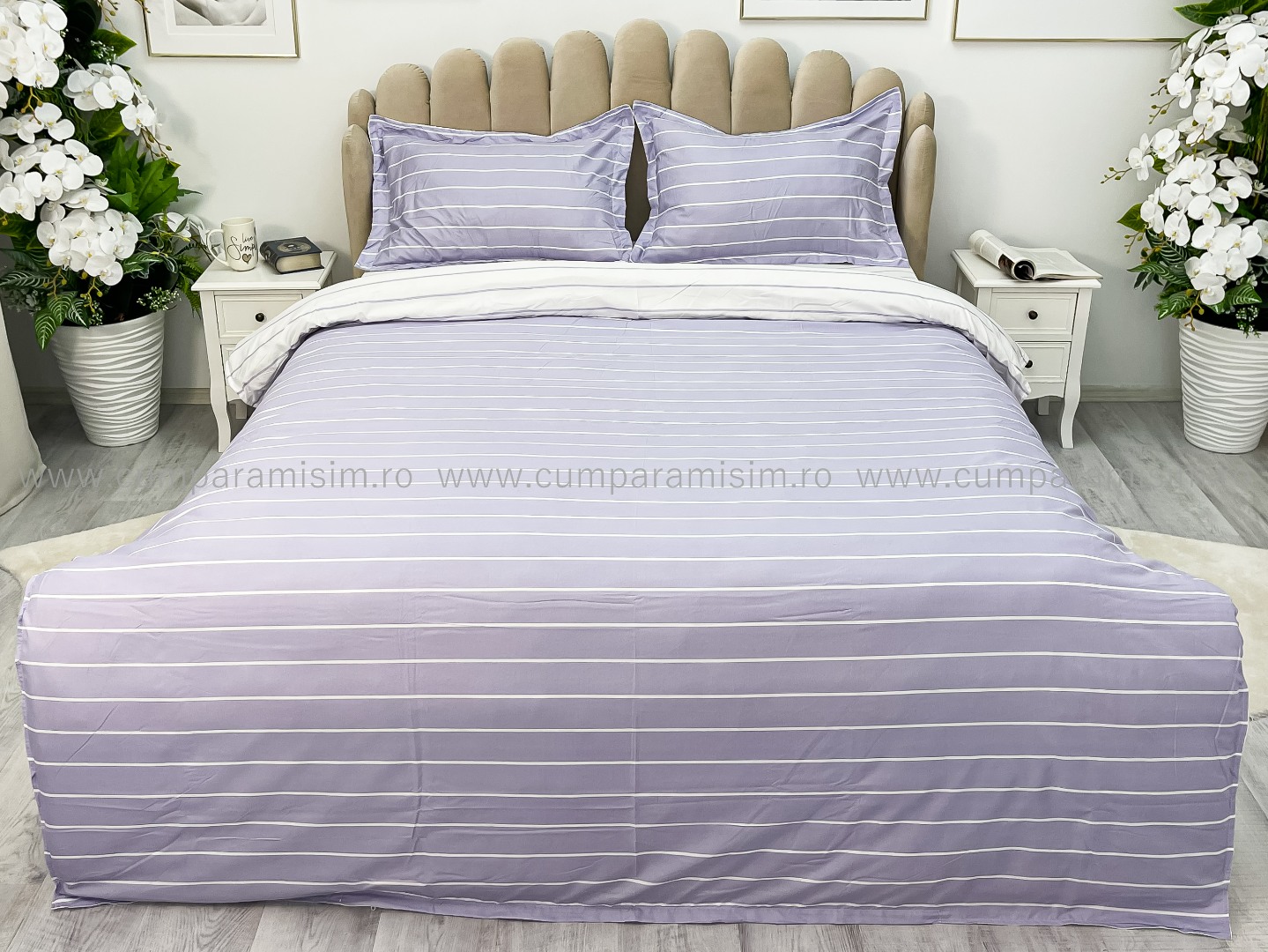 Lenjerie pat dublu cu Elastic, bumbac satinat, Lila, dungi - view 2