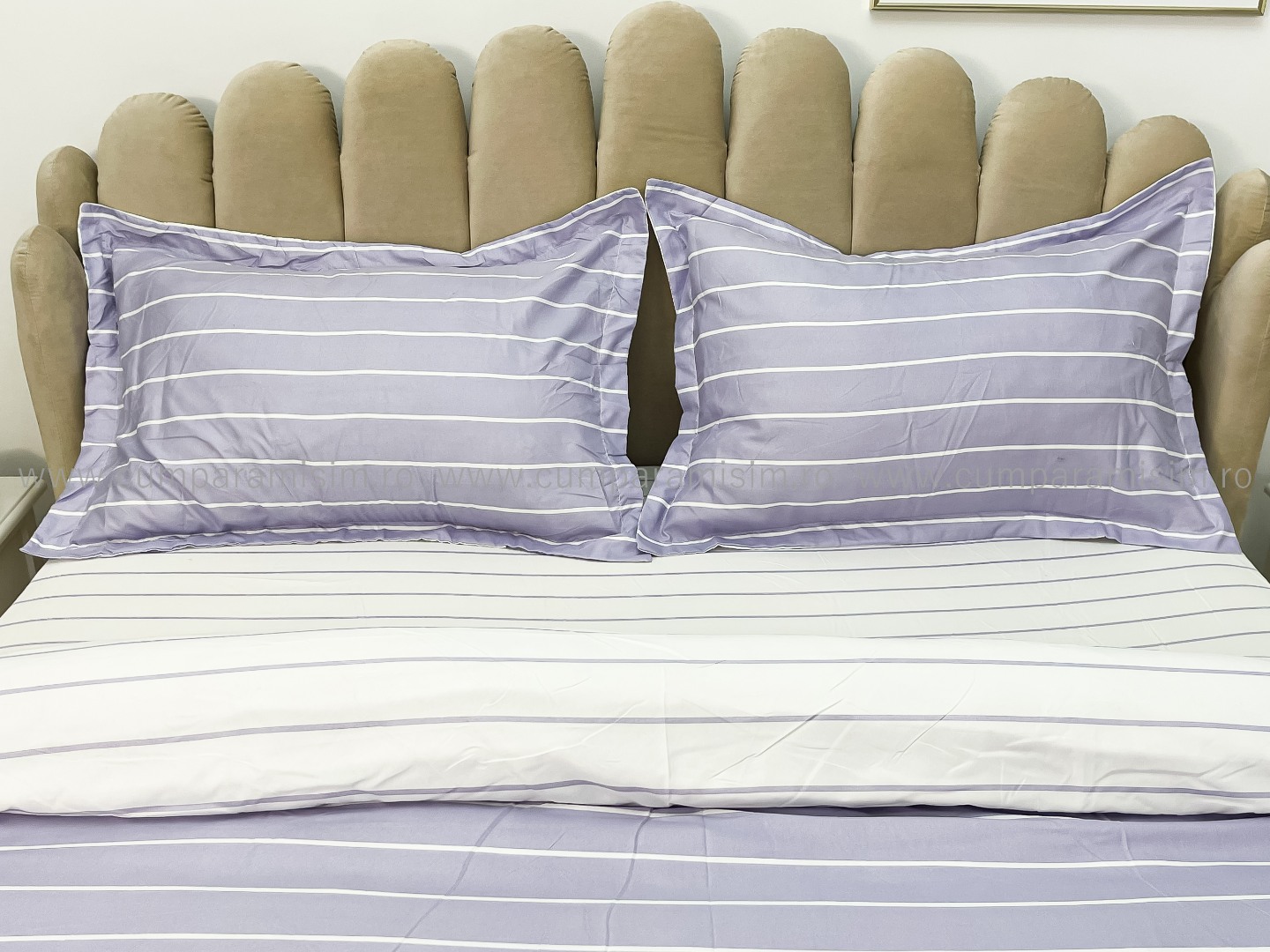 Lenjerie pat dublu cu Elastic, bumbac satinat, Lila, dungi - view 4