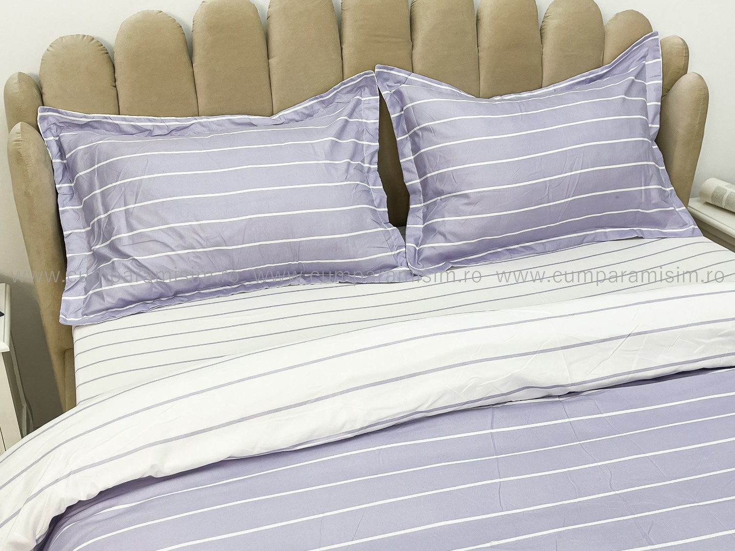 Lenjerie pat dublu cu Elastic, bumbac satinat, Lila, dungi - view 5