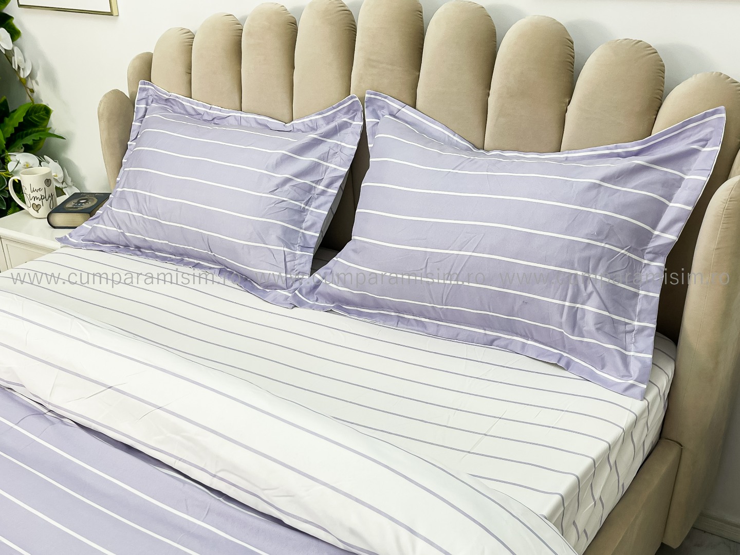 Lenjerie pat dublu cu Elastic, bumbac satinat, Lila, dungi - view 6
