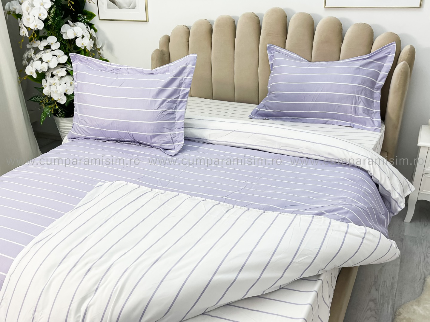Lenjerie pat dublu cu Elastic, bumbac satinat, Lila, dungi - view 7