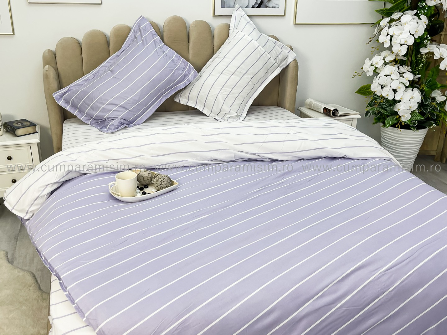 Lenjerie pat dublu cu Elastic, bumbac satinat, Lila, dungi - view 8