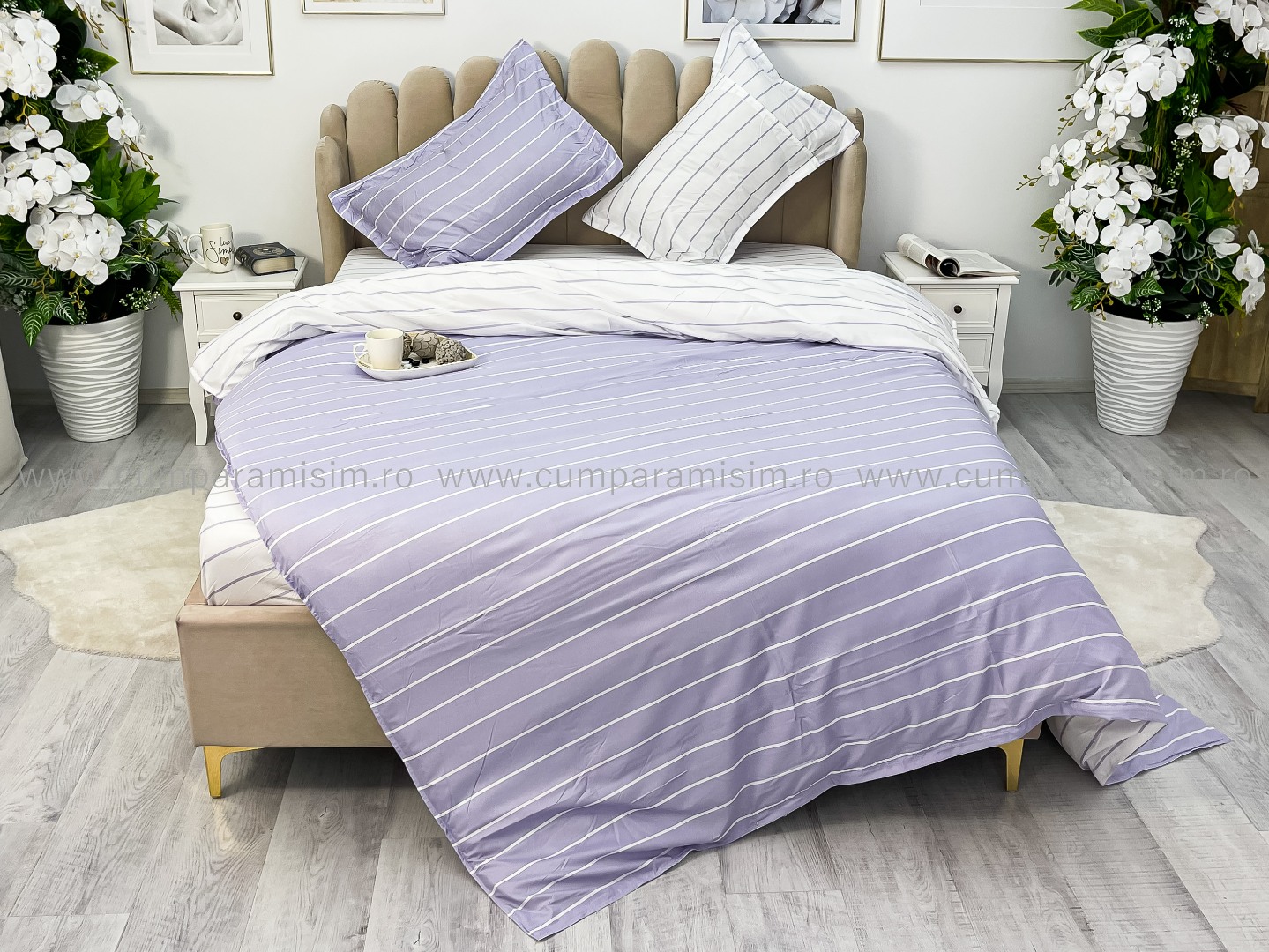 Lenjerie pat dublu cu Elastic, bumbac satinat, Lila, dungi - view 9