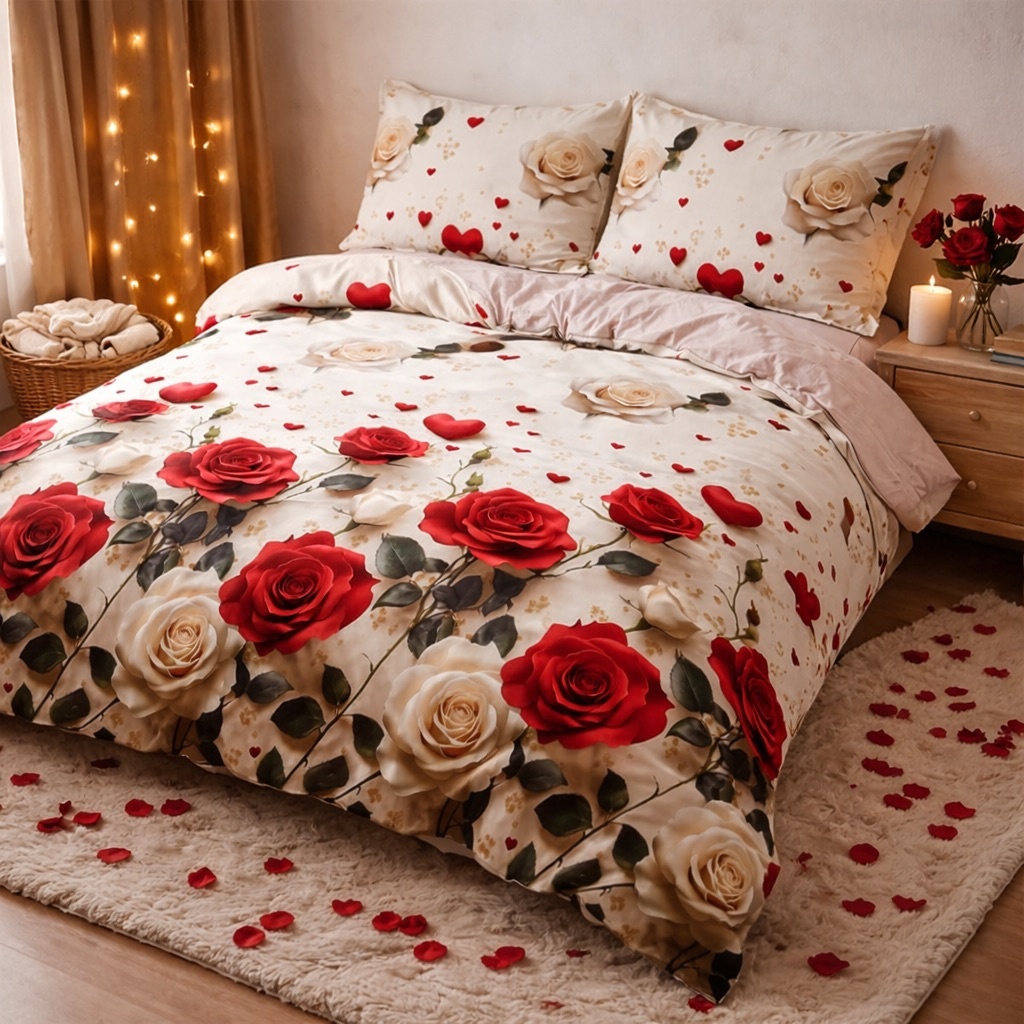 Lenjerie pat dublu cu Elastic, bumbac satinat, Bej, trandafiri - imagine 4