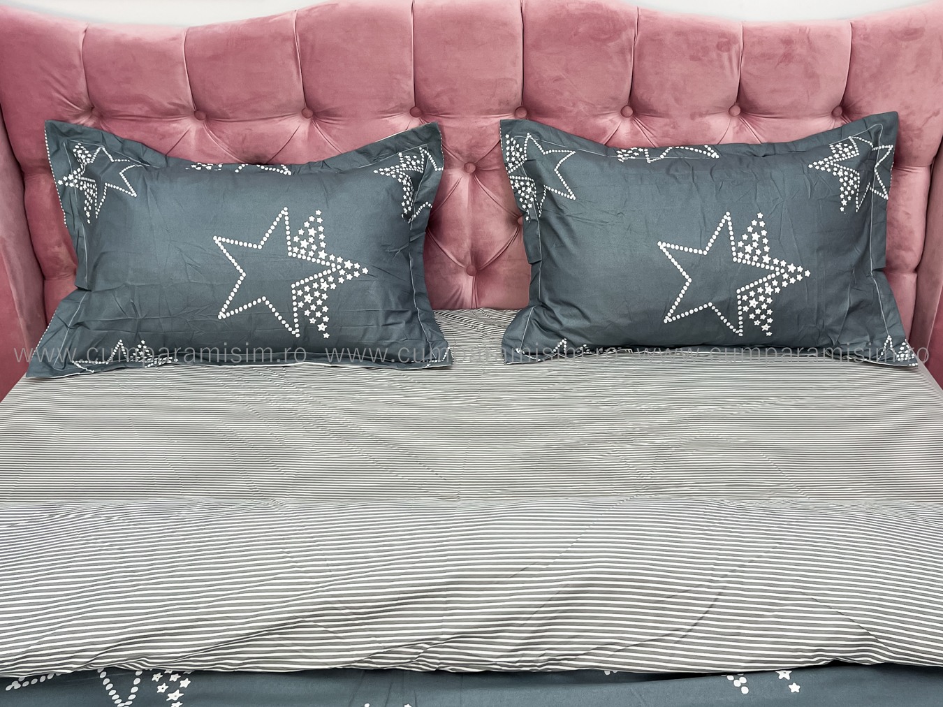 Lenjerie pat dublu cu Elastic, bumbac satinat, Gri, stelute - imagine 4