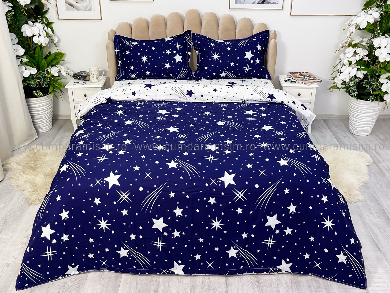 Lenjerie pat dublu cu Elastic, bumbac satinat, Albastru, stelute - imagine 2