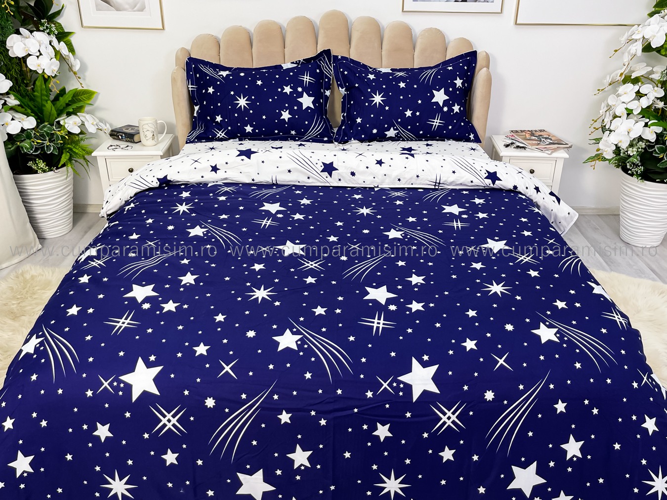 Lenjerie pat dublu cu Elastic, bumbac satinat, Albastru, stelute - imagine 3