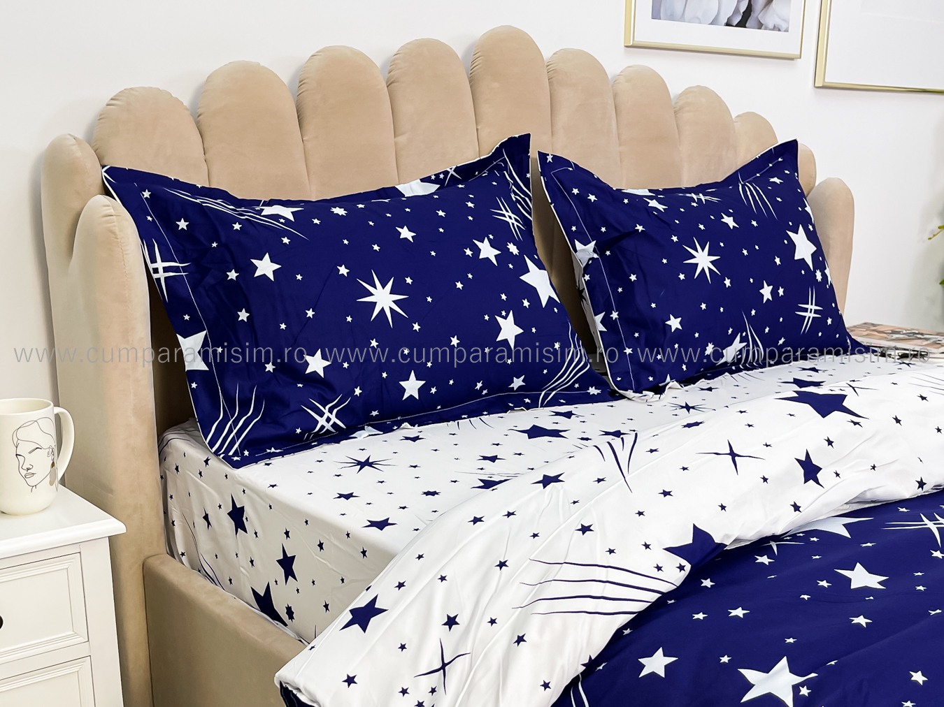 Lenjerie pat dublu cu Elastic, bumbac satinat, Albastru, stelute - imagine 5