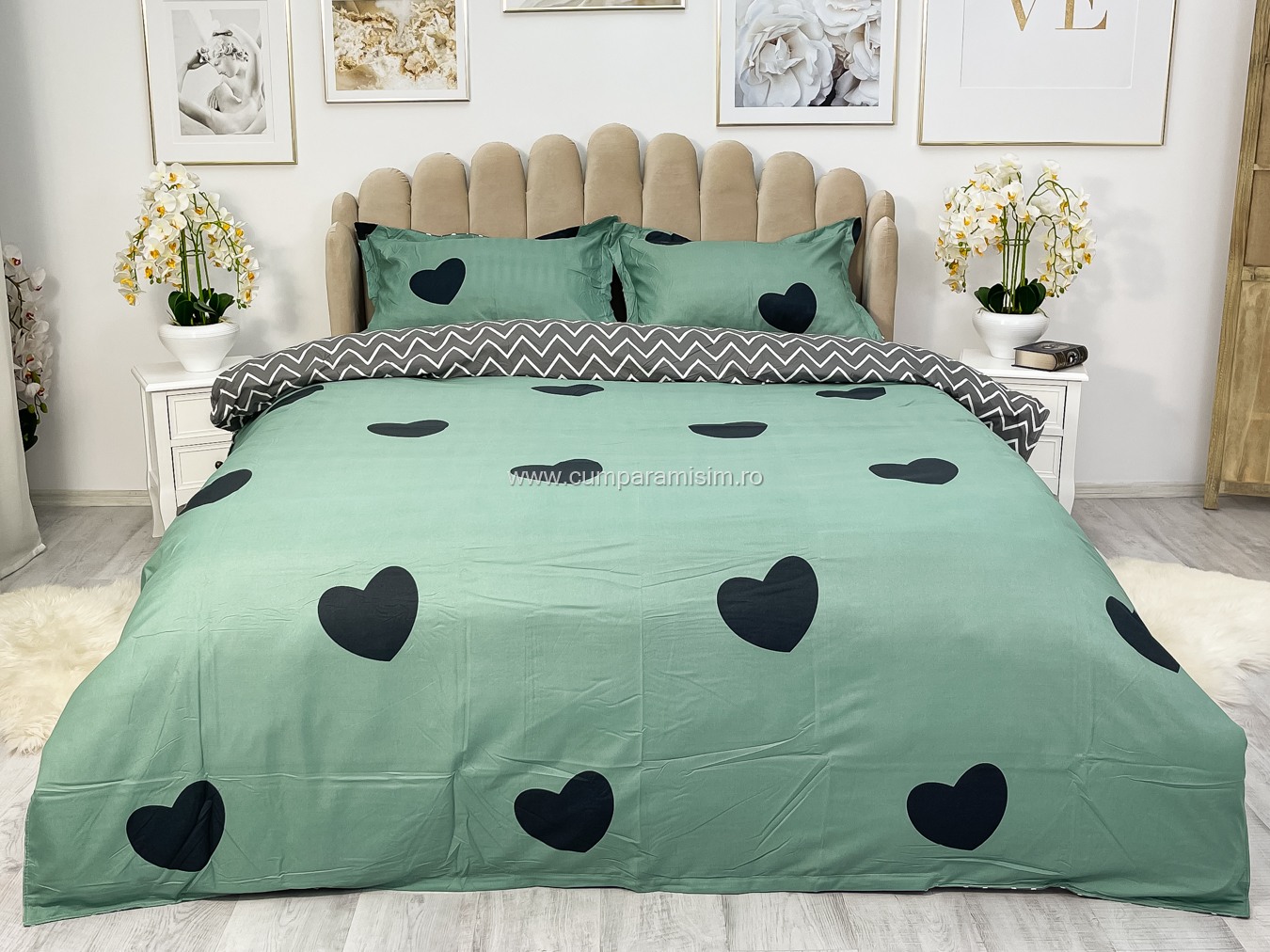 Lenjerie pat dublu, bumbac satinat, cearsaf clasic, 4 piese,  Verde, inimioare - imagine 2