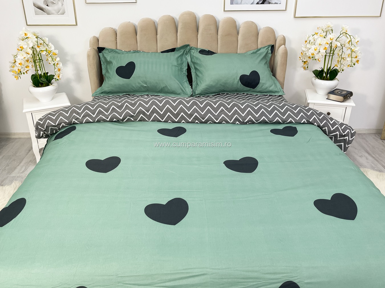 Lenjerie pat dublu, bumbac satinat, cearsaf clasic, 4 piese,  Verde, inimioare - imagine 3