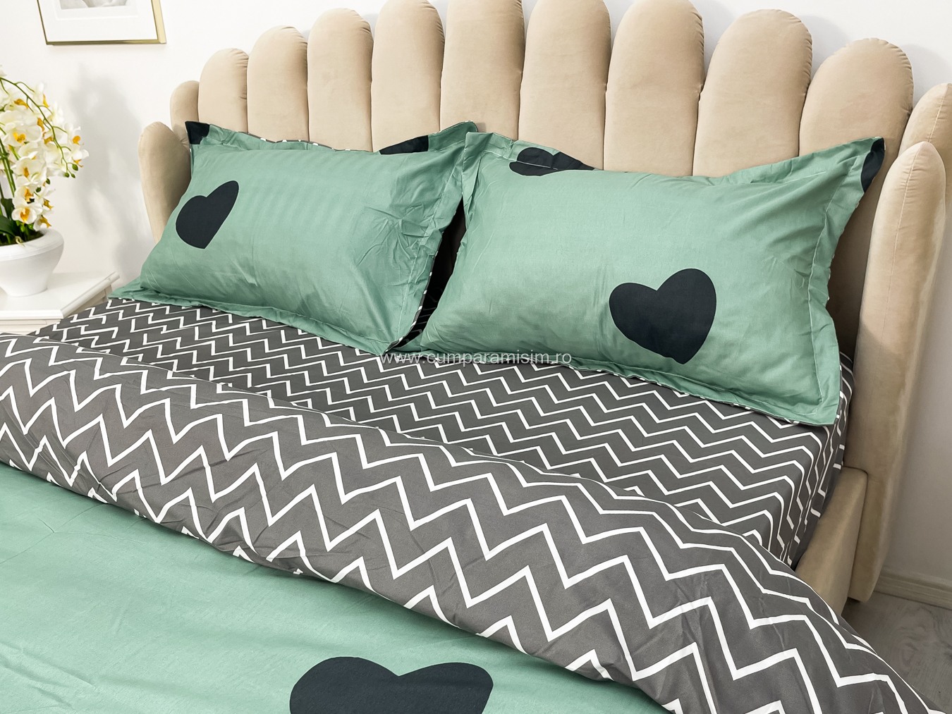 Lenjerie pat dublu, bumbac satinat, cearsaf clasic, 4 piese,  Verde, inimioare - imagine 6