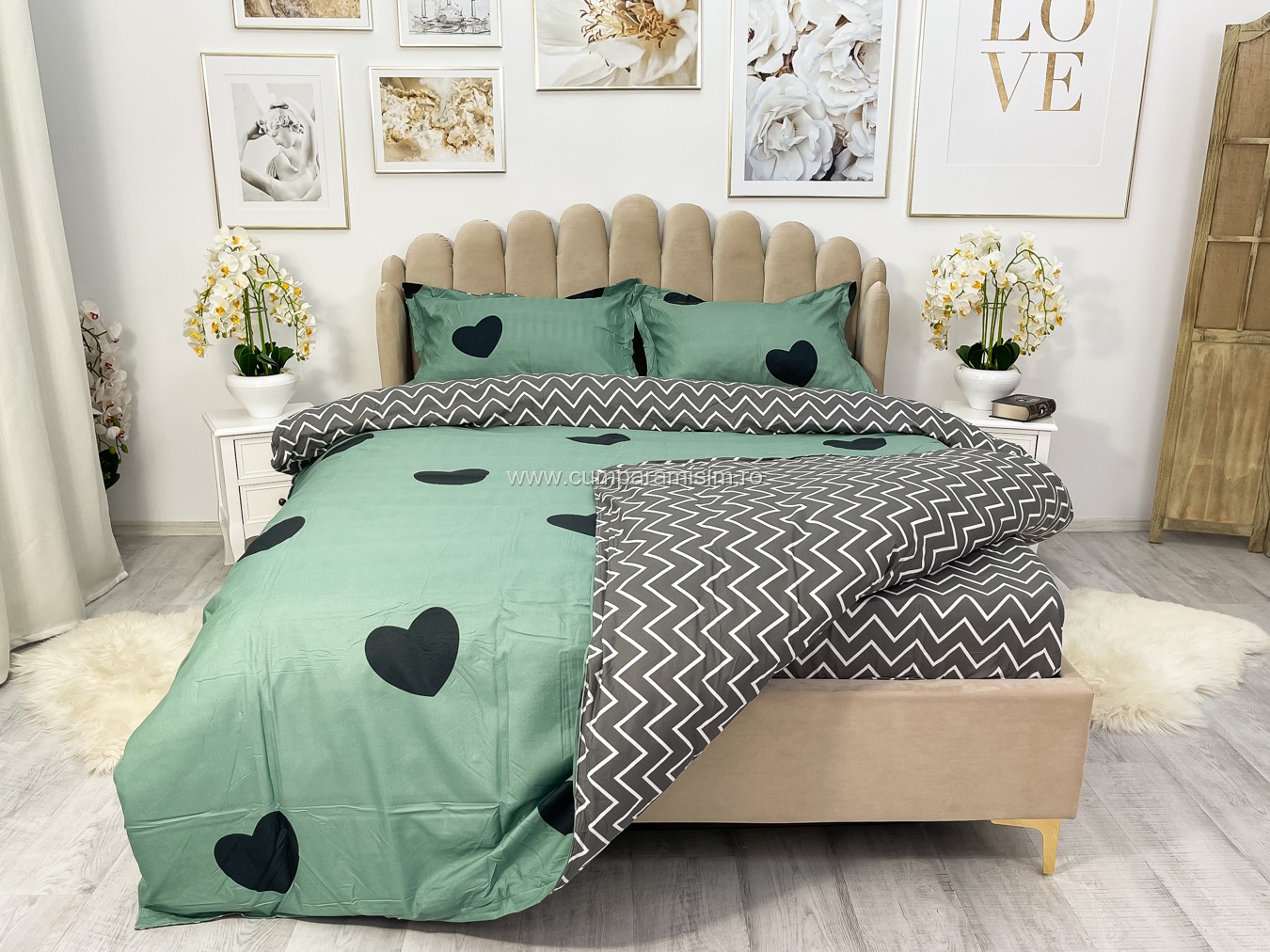 Lenjerie pat dublu, bumbac satinat, cearsaf clasic, 4 piese,  Verde, inimioare - imagine 7