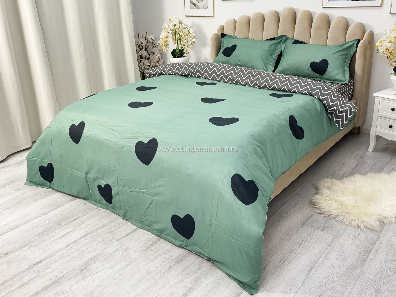Lenjerie pat dublu, bumbac satinat, cearsaf clasic, 4 piese,  Verde, inimioare - imagine 8