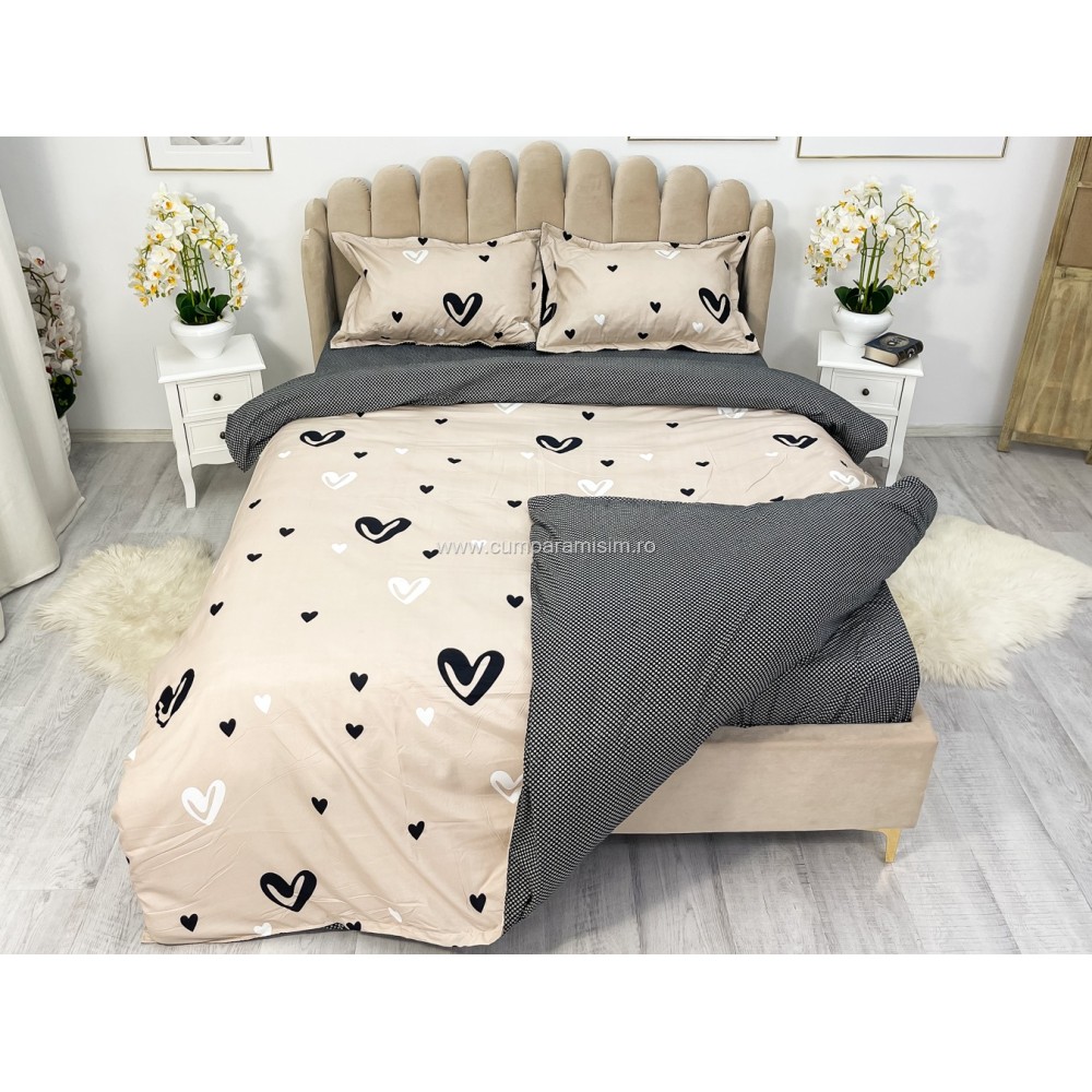 Lenjerie pat dublu, bumbac satinat, cearsaf clasic, 4 piese,  Gri, inimioare — imaginea 8