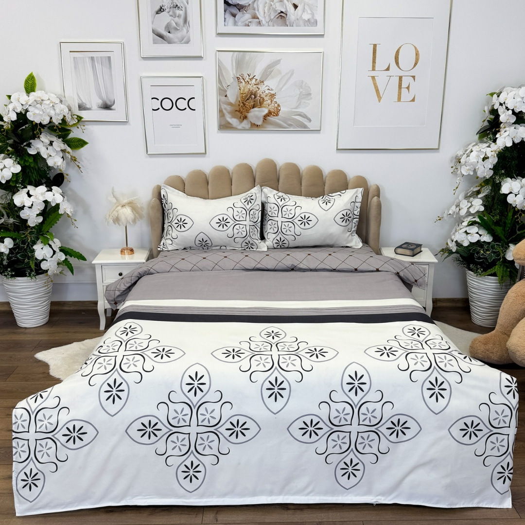 Lenjerie pat dublu, bumbac satinat, cearsaf clasic, 4 piese,  Gri, model clasic - imagine 2