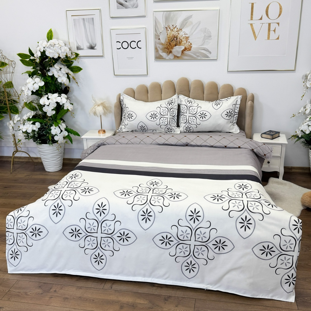 Lenjerie pat dublu, bumbac satinat, cearsaf clasic, 4 piese,  Gri, model clasic - imagine 3