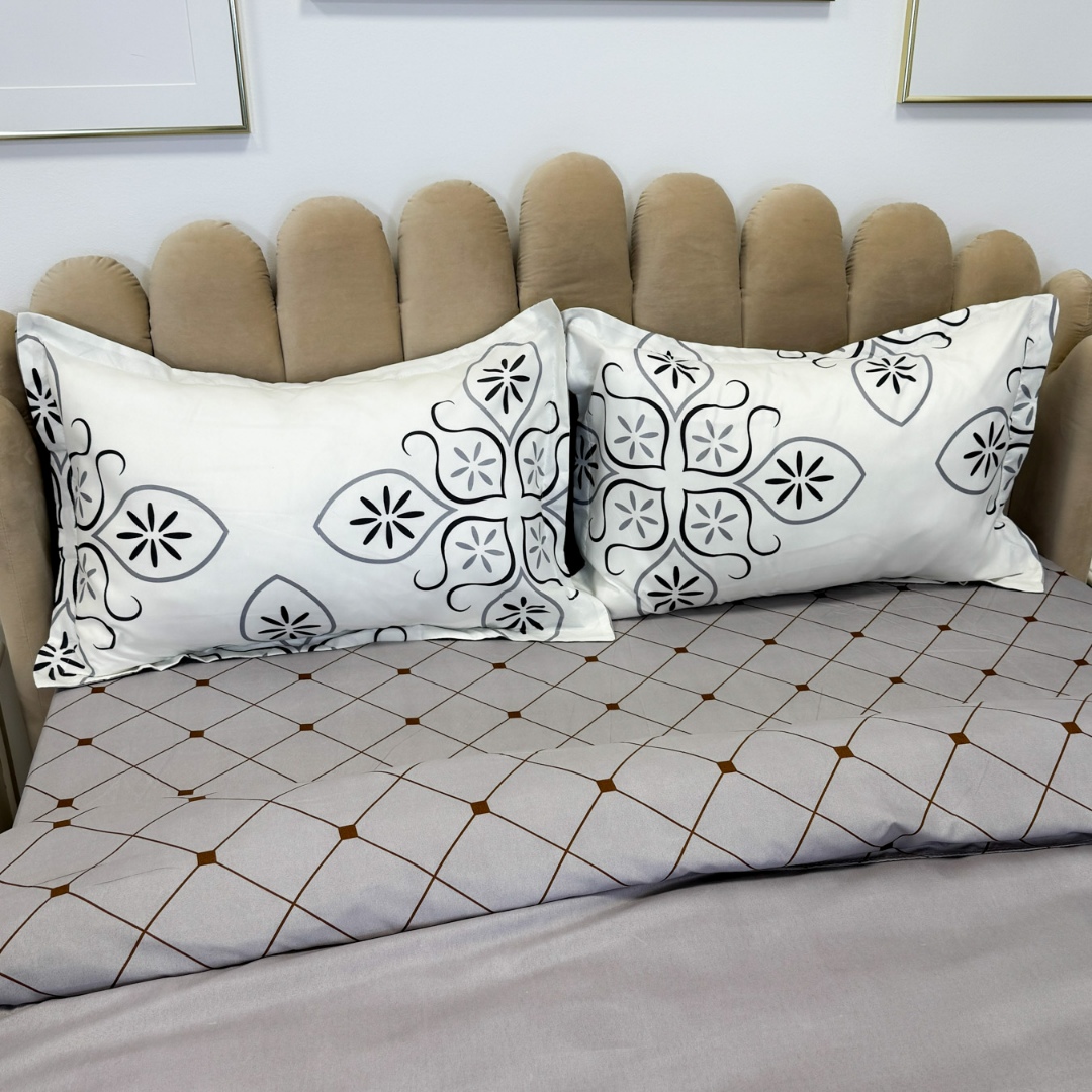 Lenjerie pat dublu, bumbac satinat, cearsaf clasic, 4 piese,  Gri, model clasic - imagine 5