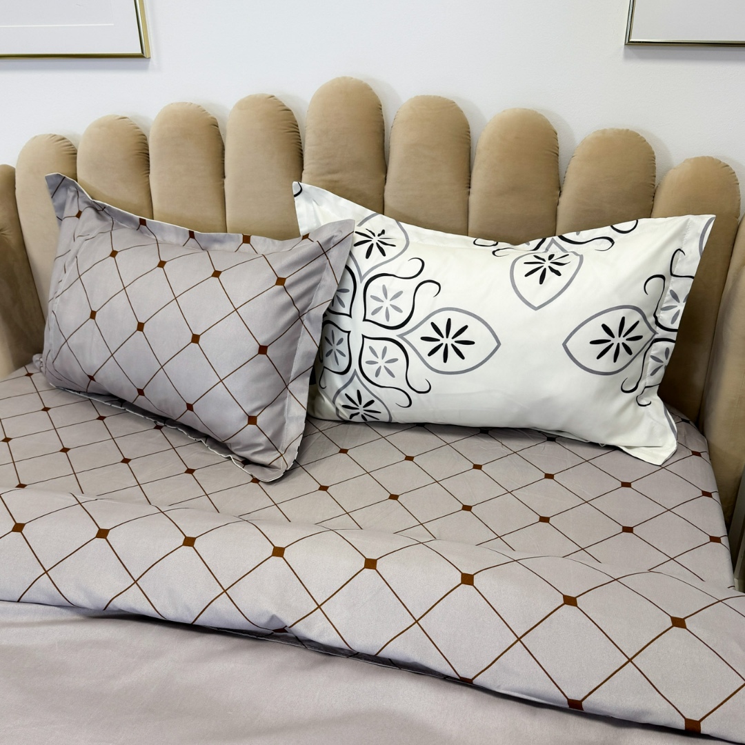 Lenjerie pat dublu, bumbac satinat, cearsaf clasic, 4 piese,  Gri, model clasic - imagine 6