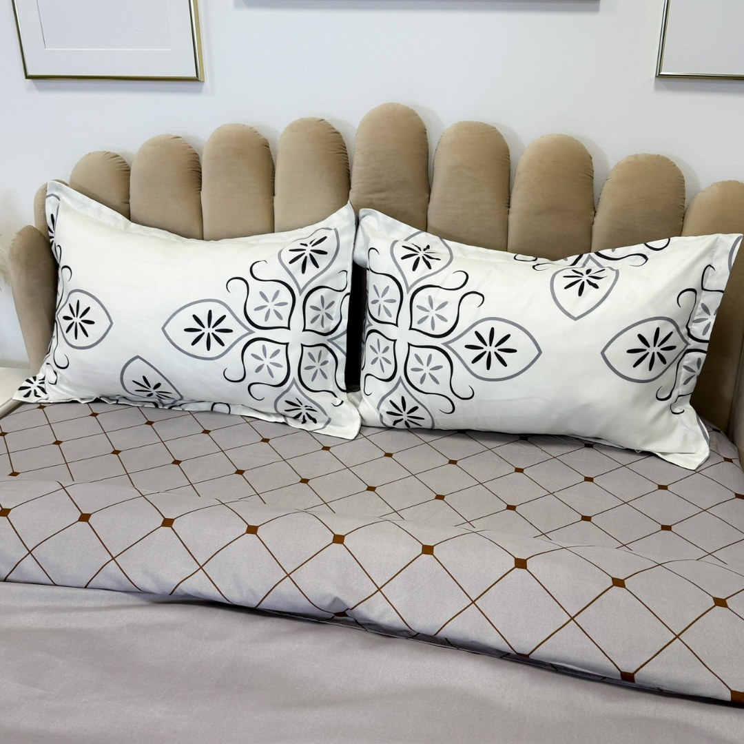 Lenjerie pat dublu, bumbac satinat, cearsaf clasic, 4 piese,  Gri, model clasic - imagine 7