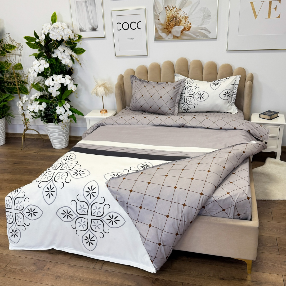 Lenjerie pat dublu, bumbac satinat, cearsaf clasic, 4 piese,  Gri, model clasic - imagine 8