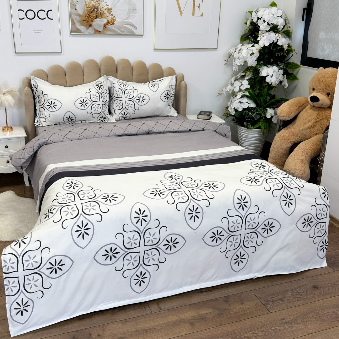 Lenjerie pat dublu, bumbac satinat, cearsaf clasic, 4 piese,  Gri, model clasic - imagine 9