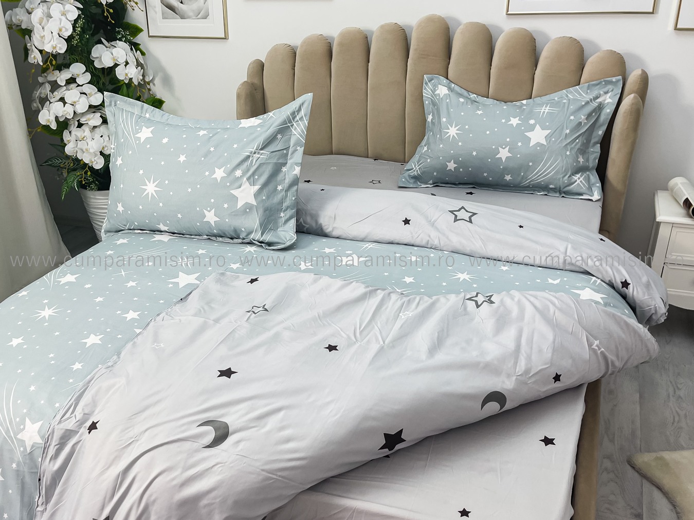 Lenjerie pat dublu, bumbac satinat, cearsaf clasic, 4 piese,  Gri, stelute - imagine 6
