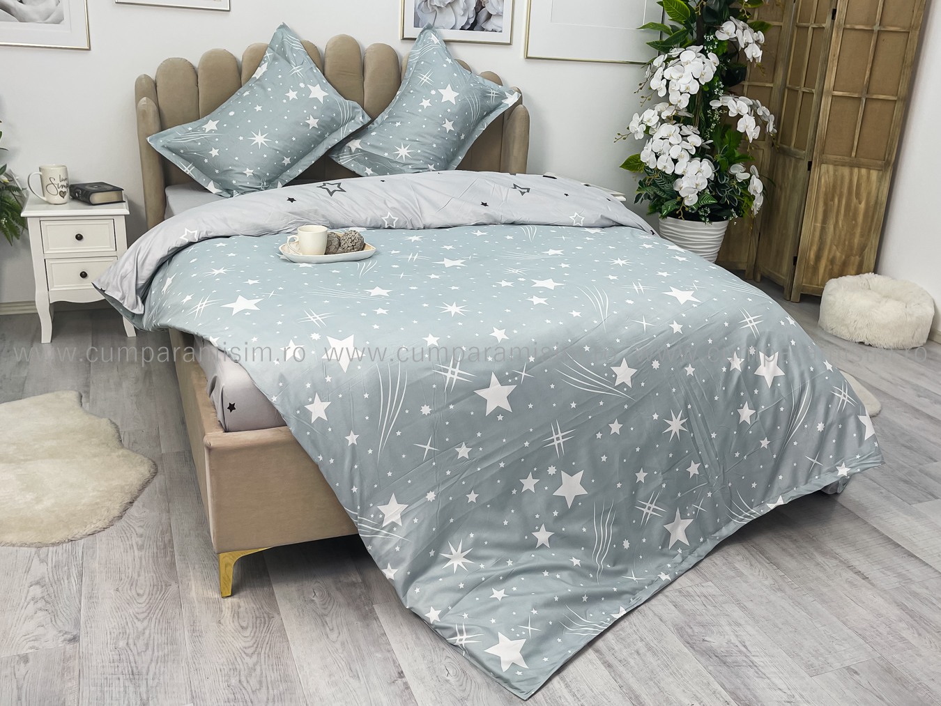 Lenjerie pat dublu, bumbac satinat, cearsaf clasic, 4 piese,  Gri, stelute - imagine 7