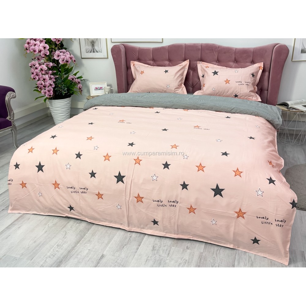 Lenjerie pat dublu, bumbac satinat, cearsaf clasic, 4 piese,  Roz, stelute — imaginea 8
