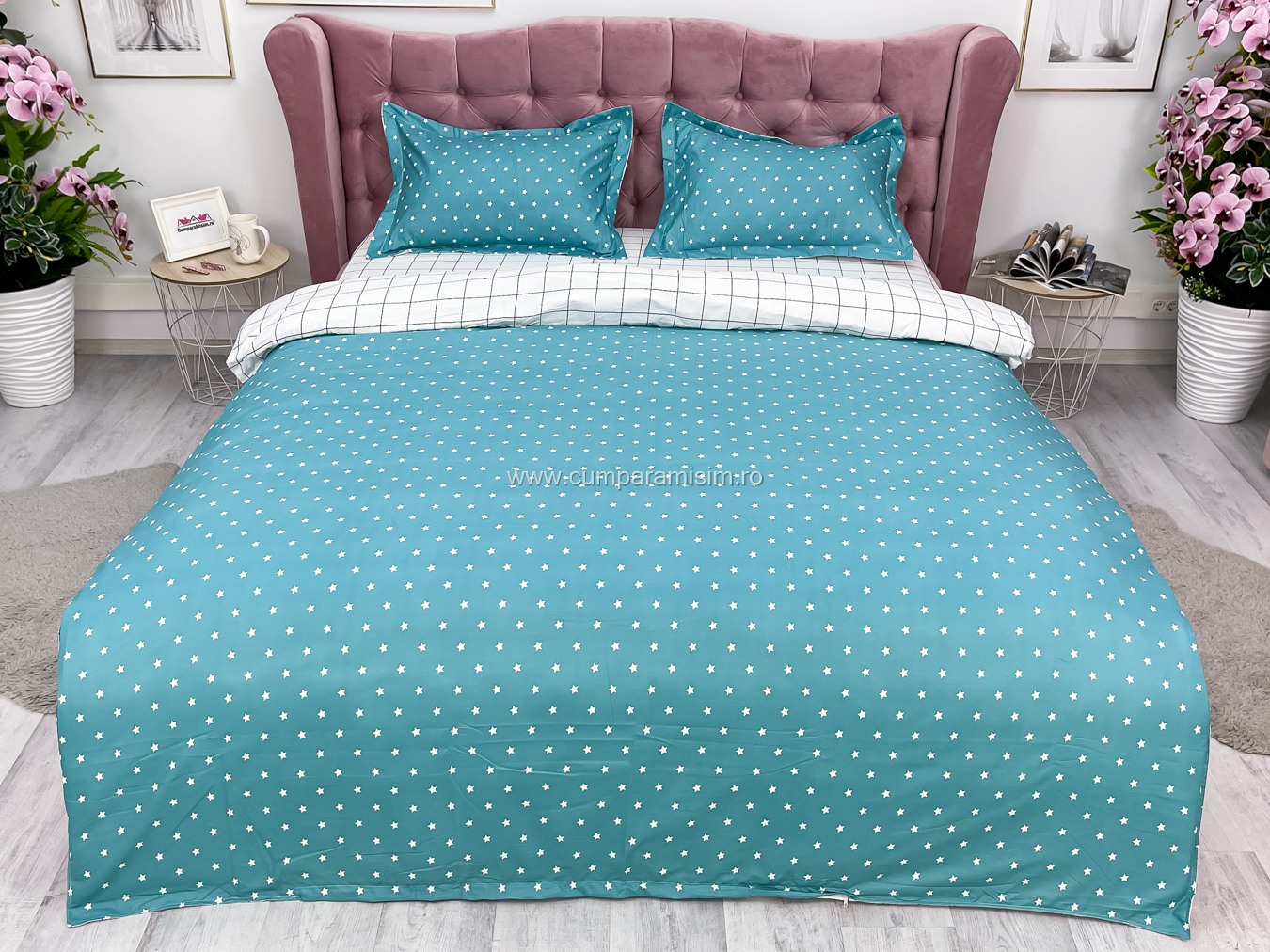 Lenjerie pat dublu, bumbac satinat, cearsaf clasic, 4 piese,  Verde, stelute - imagine 2