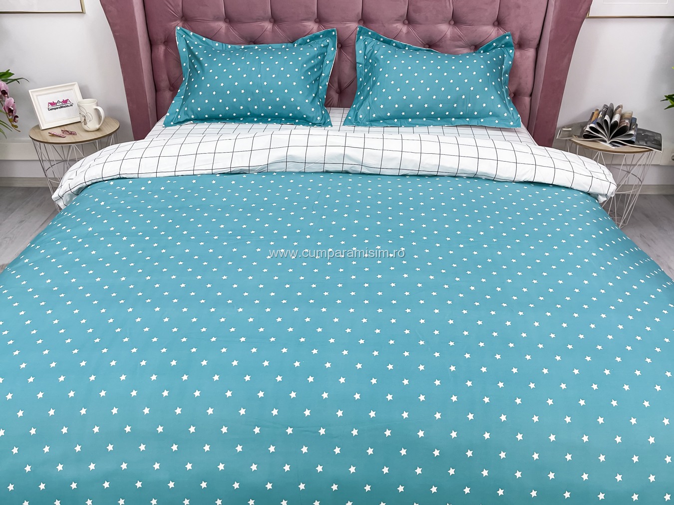 Lenjerie pat dublu, bumbac satinat, cearsaf clasic, 4 piese,  Verde, stelute - imagine 3