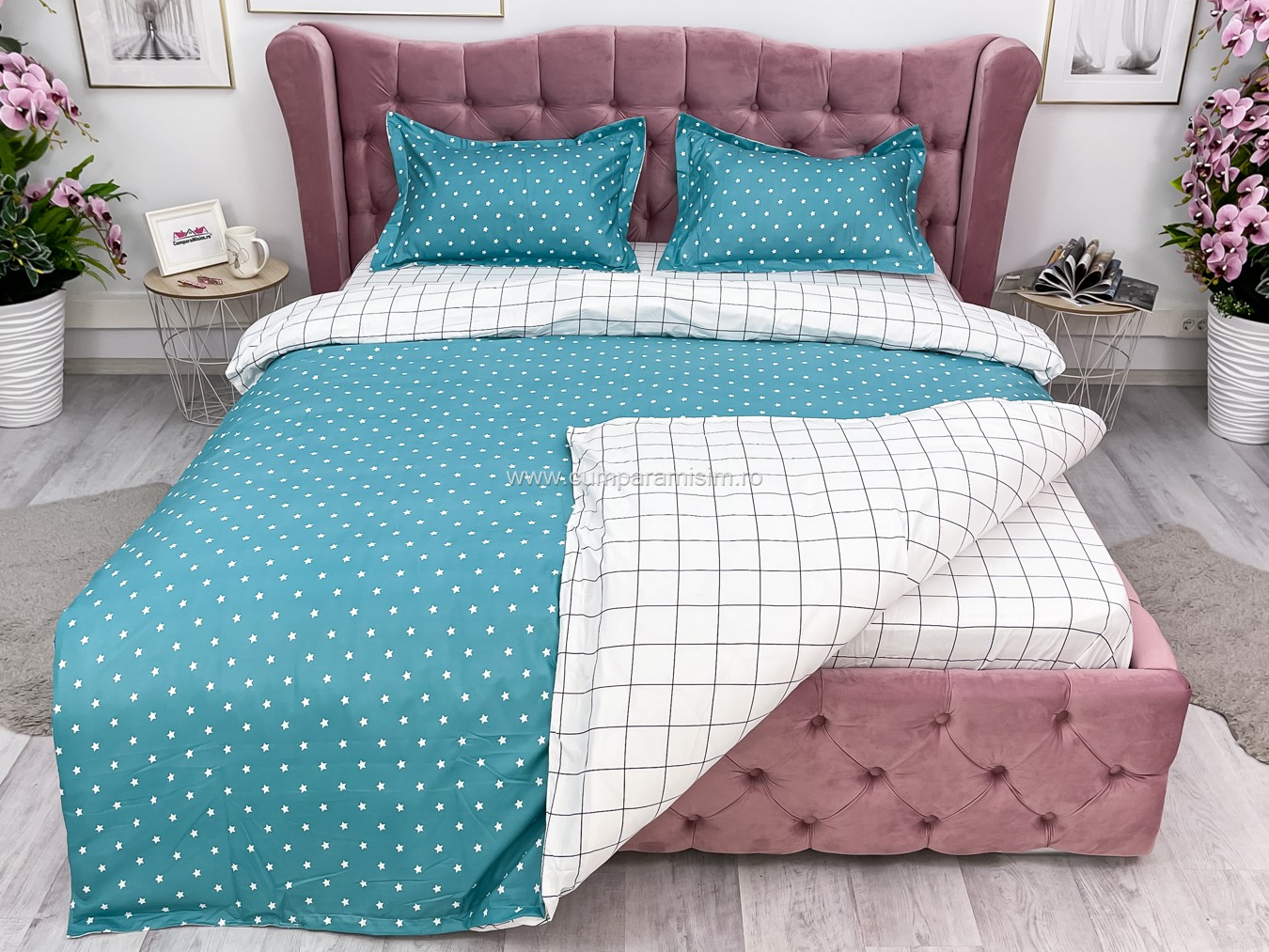 Lenjerie pat dublu, bumbac satinat, cearsaf clasic, 4 piese,  Verde, stelute - imagine 8