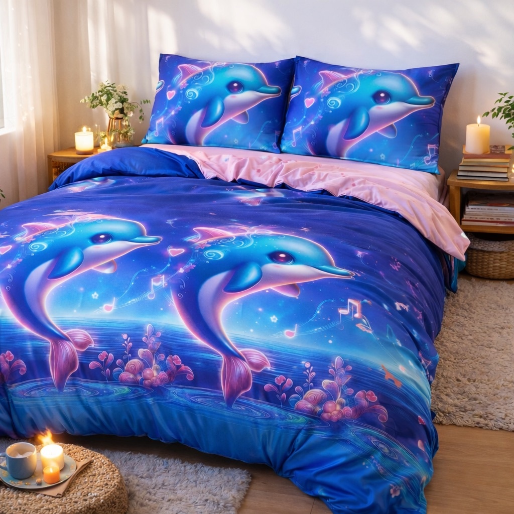 Lenjerie pat dublu, bumbac satinat, cearsaf clasic, 4 piese, Albastru, delfini - imagine 2