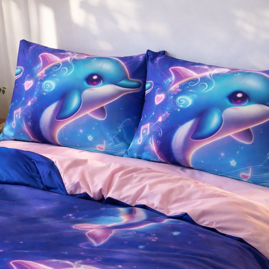 Lenjerie pat dublu, bumbac satinat, cearsaf clasic, 4 piese, Albastru, delfini - imagine 3