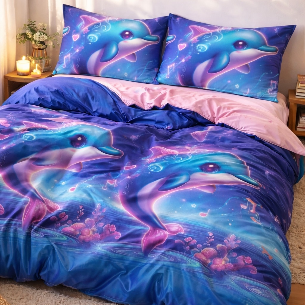 Lenjerie pat dublu, bumbac satinat, cearsaf clasic, 4 piese, Albastru, delfini - imagine 4