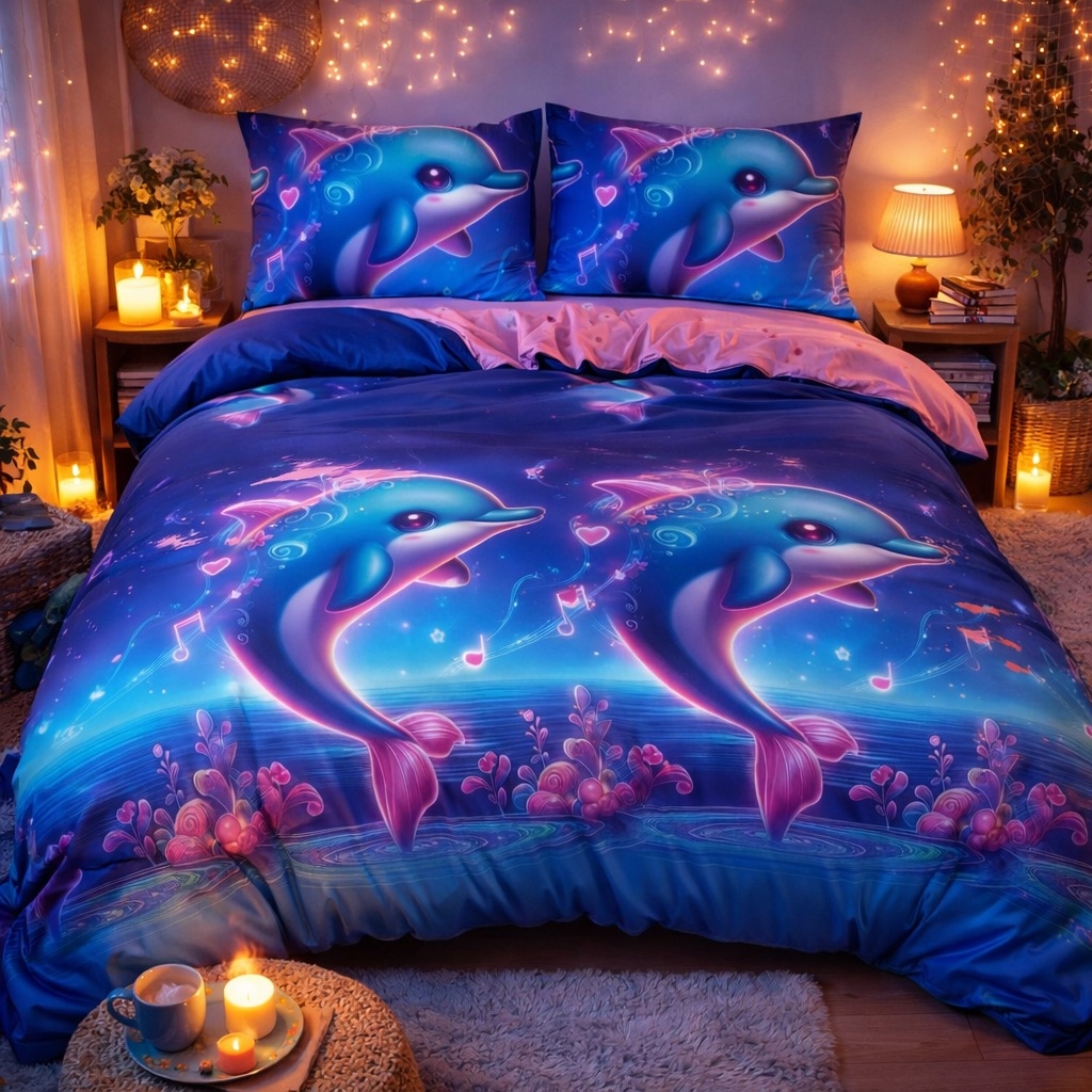 Lenjerie pat dublu, bumbac satinat, cearsaf clasic, 4 piese, Albastru, delfini - imagine 7