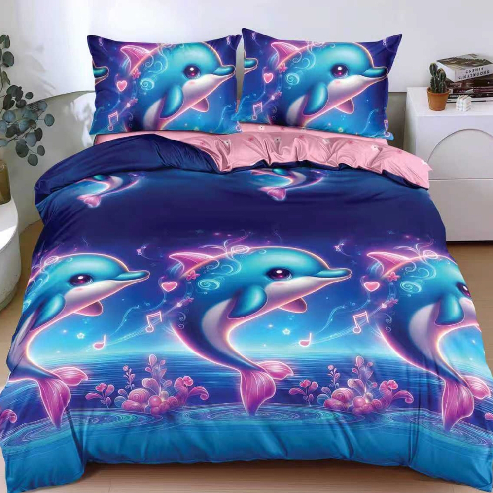 Lenjerie pat dublu, bumbac satinat, cearsaf clasic, 4 piese, Albastru, delfini - imagine 8