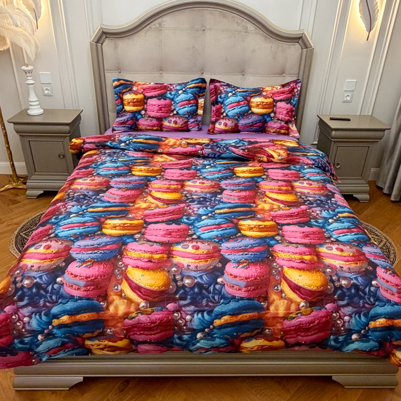 Lenjerie pat dublu, bumbac satinat, cearsaf clasic, 4 piese, Mov,  multicolor, macarons - imagine 2